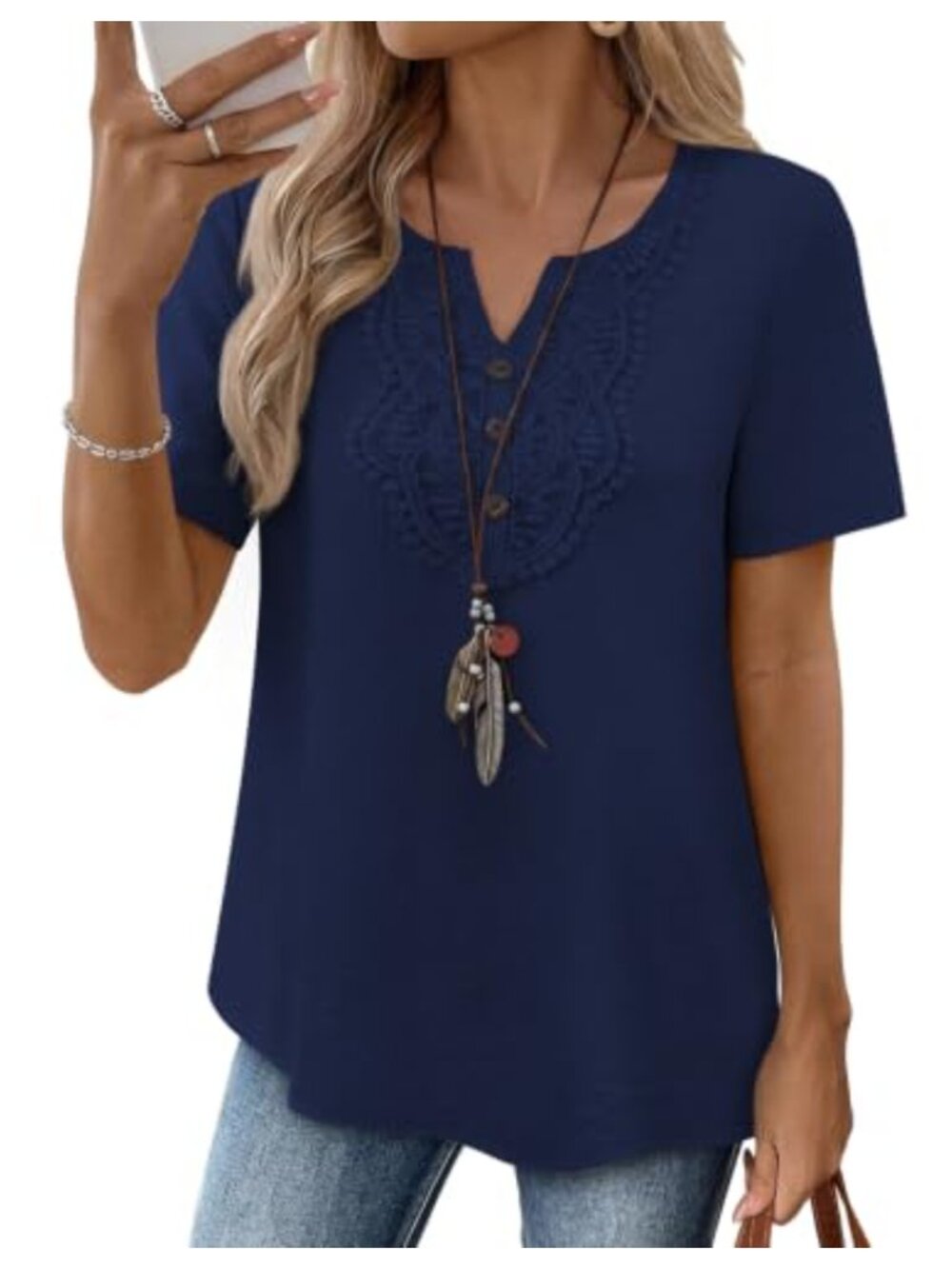 Women's Boho V-Neck Blouse Lace Trim Short Sleeve Casual